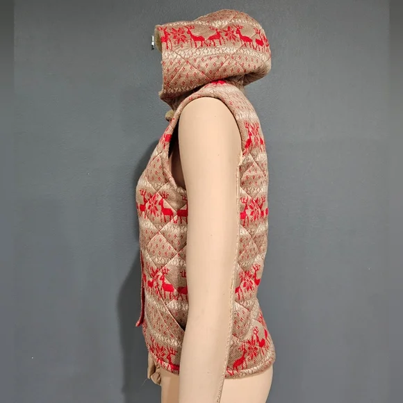 FREE PEOPLE Women Fair Isle Reindeer Hooded Quilted Red Beige Vest S - Picture 5 of 8